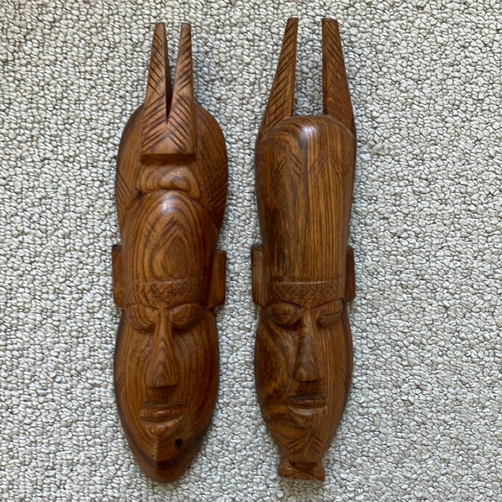 Indonesian Bali Handcrafted Wood Tiki Face Mask Wall Decor Set of 2